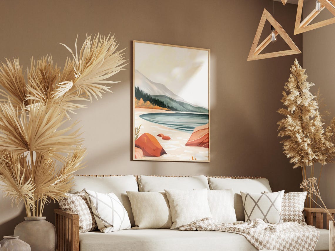Minimalist Lakeshore with Red Rocks and Pale Mountains Poster - Image 3