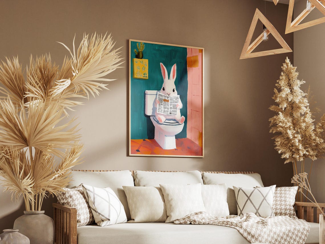 White Rabbit Reading Newspaper On Teal Toilet Bathroom Poster - Image 3
