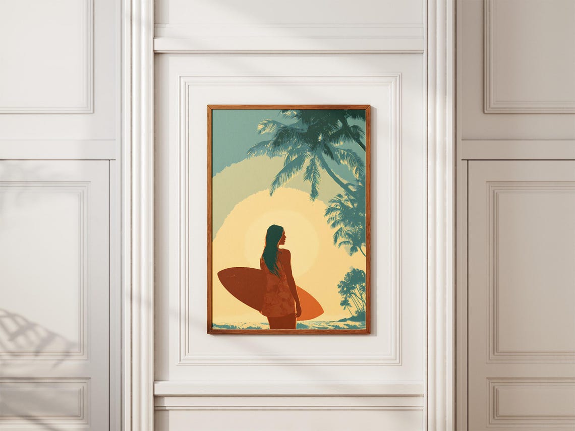 Tropical Surfer Girl Sunset Palm Trees Surfboard Retro Beach Poster - Image 2
