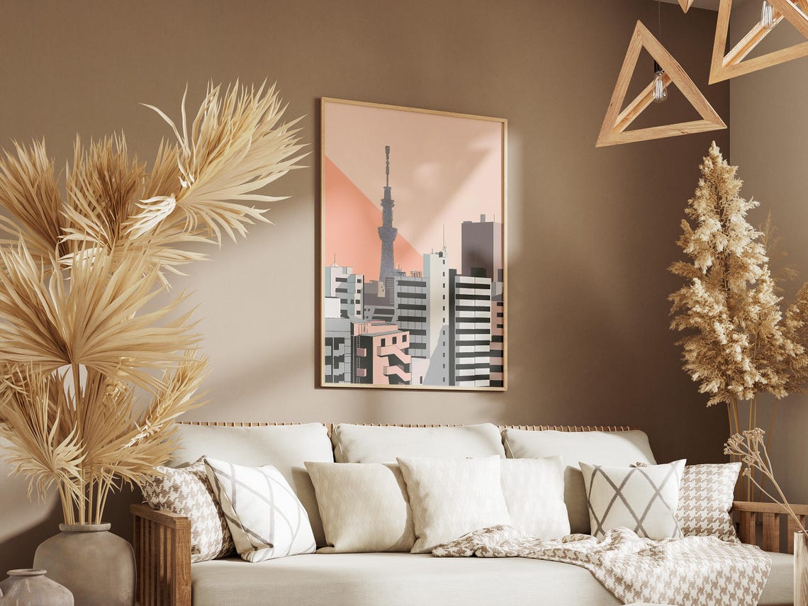 Tokyo Skytree Minimalist Cityscape in Soft Blush Pink Tones Poster - Image 3