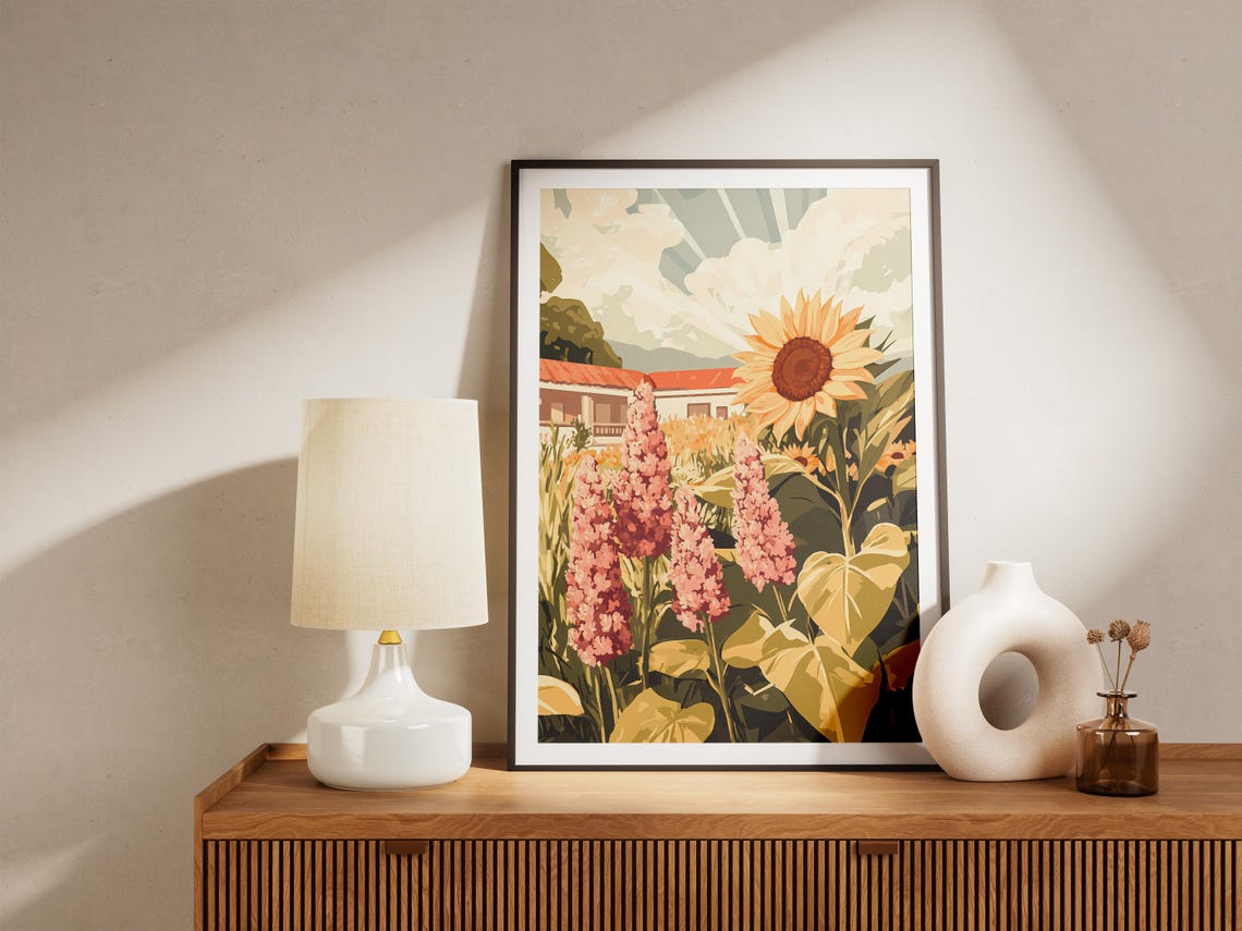 Giant Sunflower and Pink Delphiniums with Farmhouse Garden Poster - Image 5