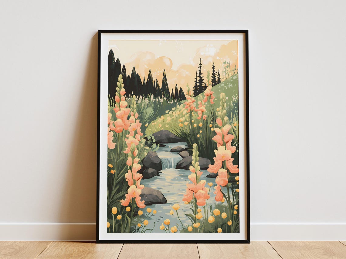 Peach Snapdragons Along a Rocky Stream Waterfall Nature Art Poster