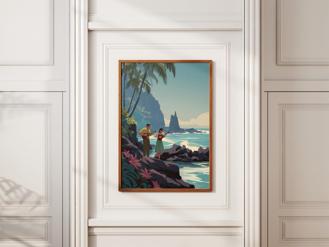 Hawaiian Ukulele Duo Vintage Travel Style Coastal Art Poster - Image 2
