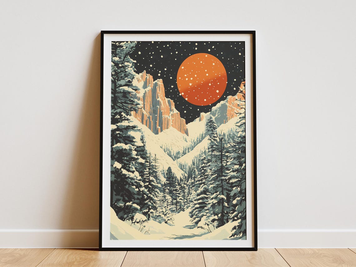Snowy Canyon Under Orange Moon Winter Night Landscape Art Poster