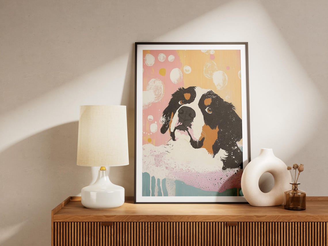 Bernese Mountain Dog In Bathtub Bubble Bath Funny Art Poster - Image 4
