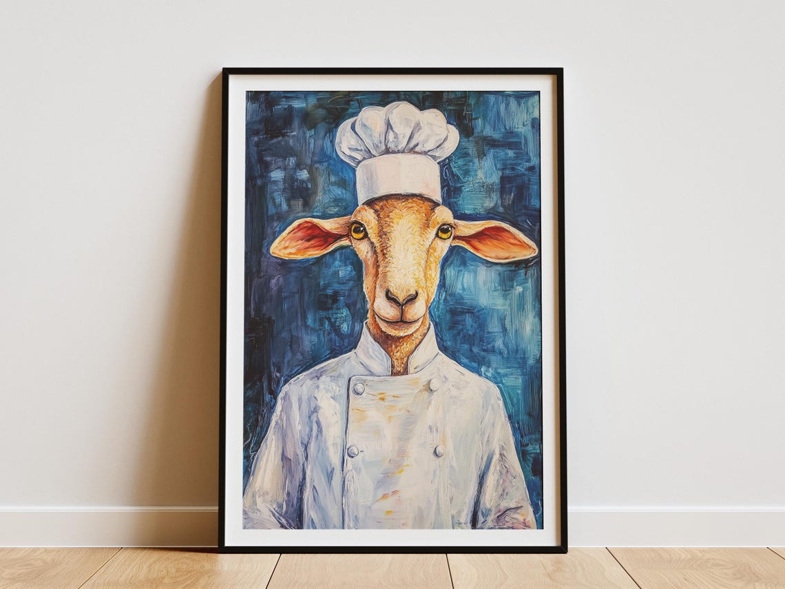 Chef Sheep Art Print Funny Animal Poster Quirky Kitchen Decor Farmhouse Wall Whimsical In Chefs Hat Fine