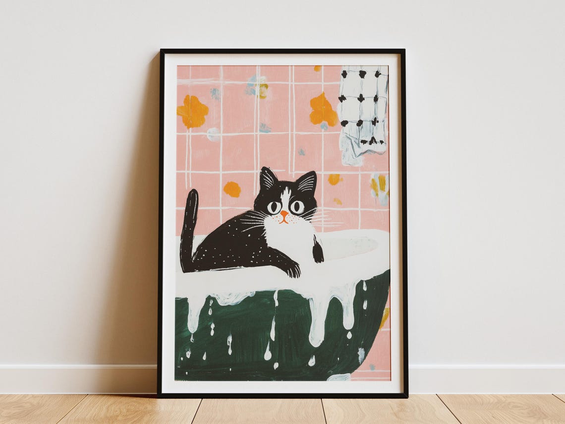 Cute Cat In Bubbly Bath Poster, Funny Pet Art