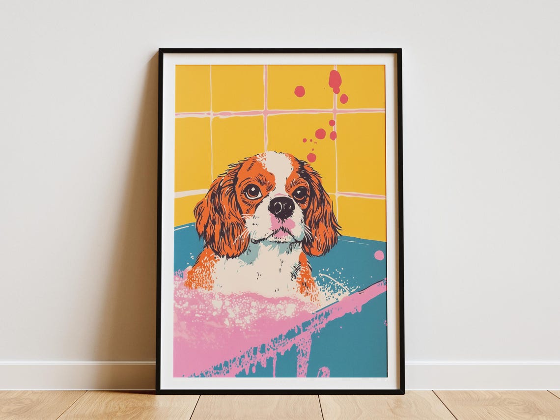 Cavalier Spaniel Puppy in Bubble Bath Pop Art Bathroom Dog Poster