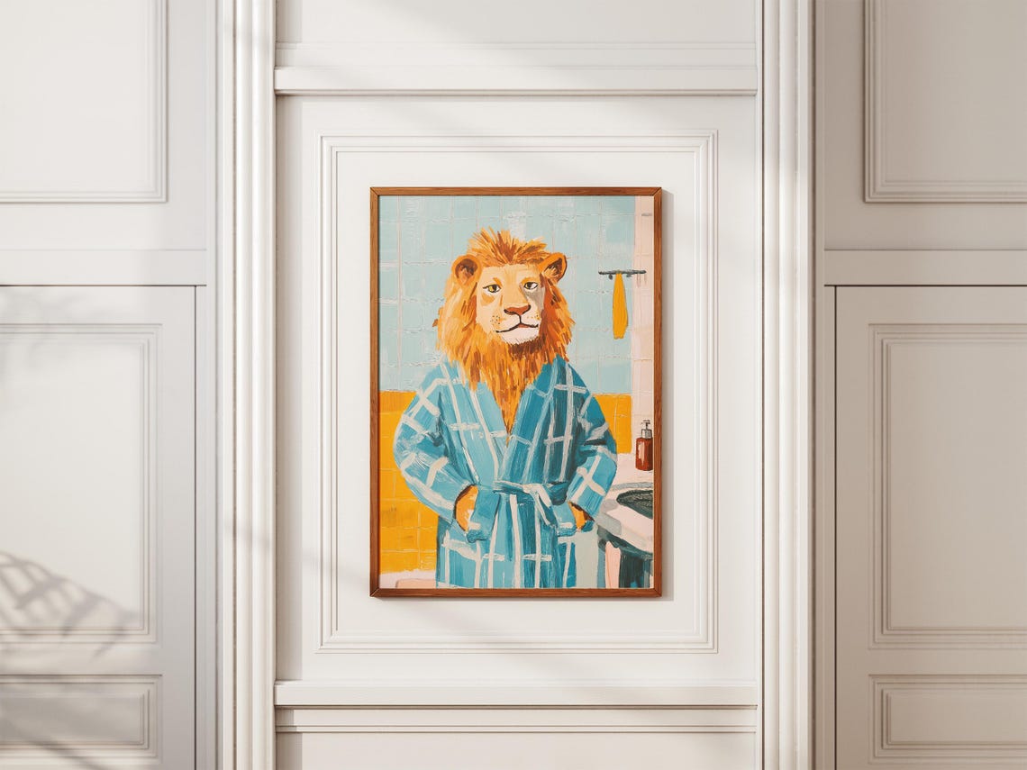 Majestic Lion In Blue Plaid Bathrobe Regal Animal Bathroom Poster - Image 2
