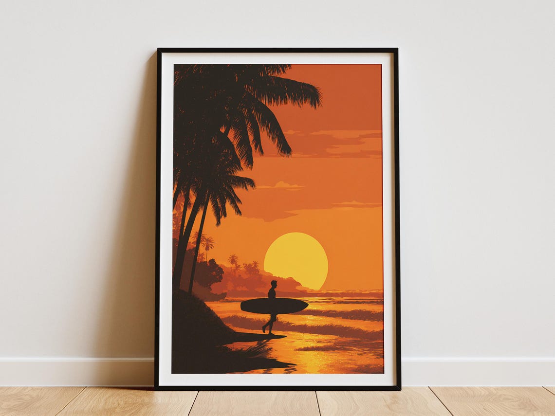 Golden Hour Surfer Sunset Palm Trees Silhouette Beach Art Poster