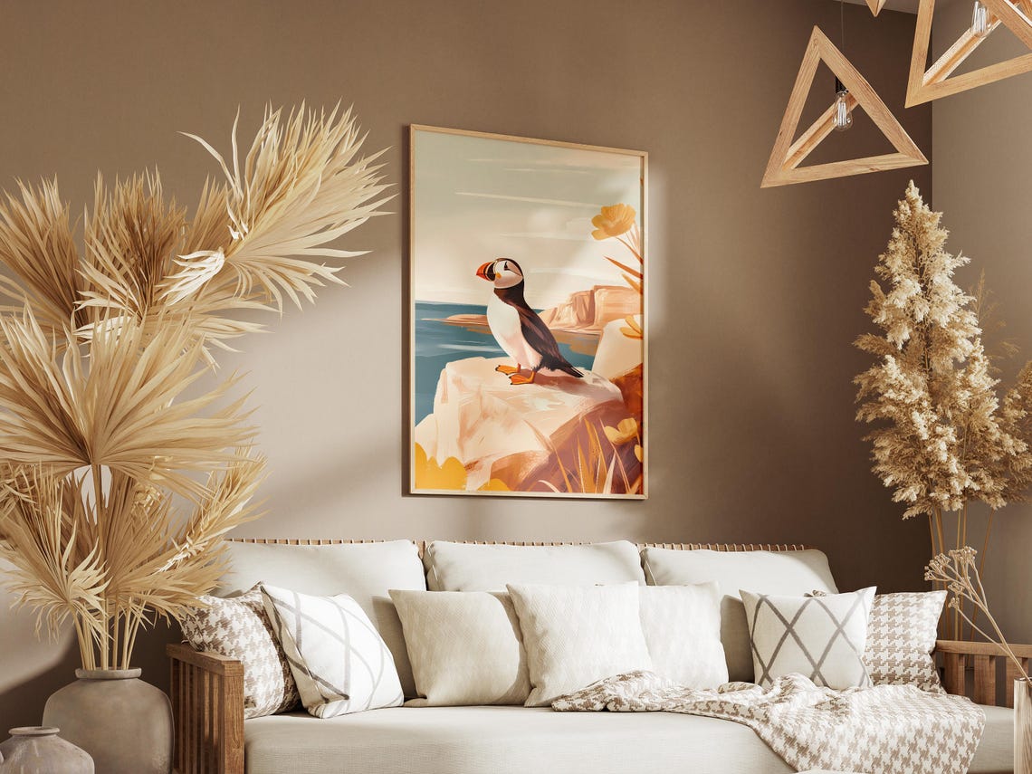 Puffin on White Cliffs with Orange Poppies Coastal Bird Poster - Image 3