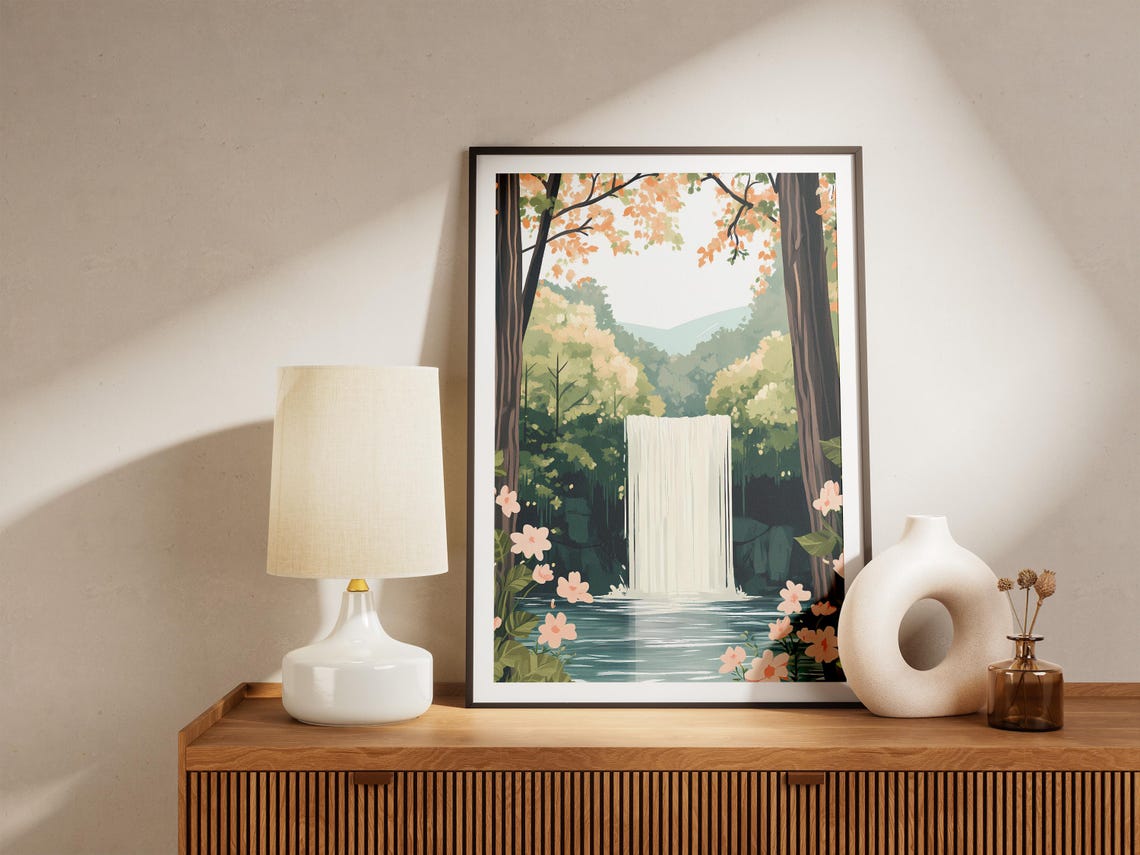 Forest Waterfall Clearing Pink Cosmos Flowers Autumn Leaves Art Poster - Image 5