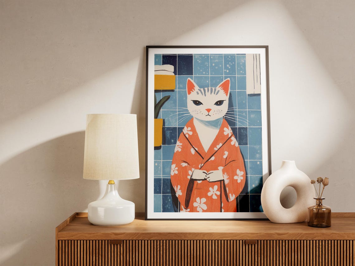 Cat in Bathrobe Funny Bathroom Art Quirky Feline Illustration Poster - Image 4