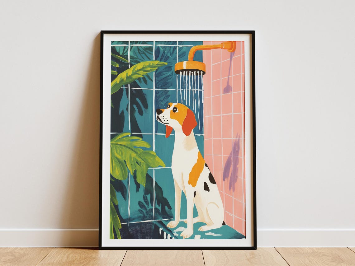 Beagle Dog Standing Under a Golden Tropical Showerhead Poster