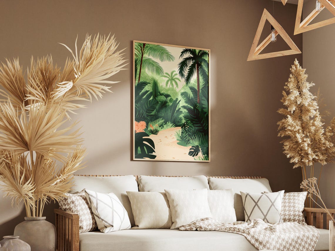 Lush Rainforest Path Palms Monstera Leaves Sandy Trail Poster - Image 3