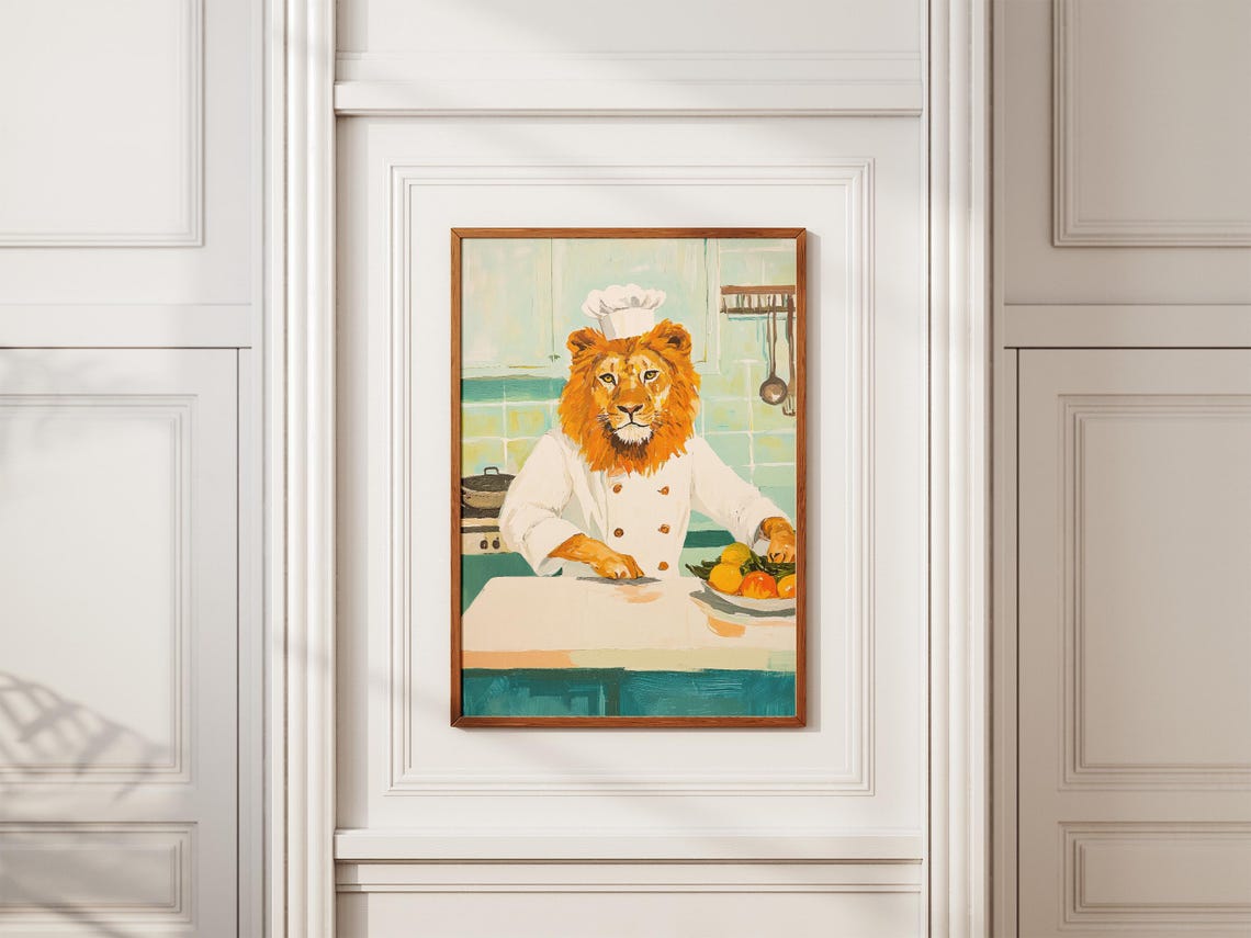 Lion Chef Art Print Funny Animal Poster Kitchen Decor Whimsical Wearing Chefs Uniform Cooking Modern Wall Lover Gift - Image 2