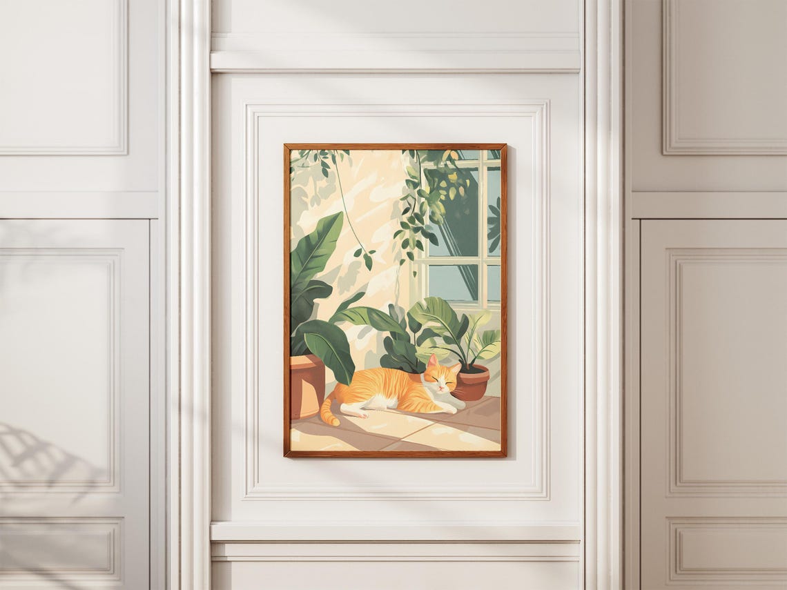 Orange Tabby Cat Sunbathing Among Terrace Houseplants Poster - Image 2