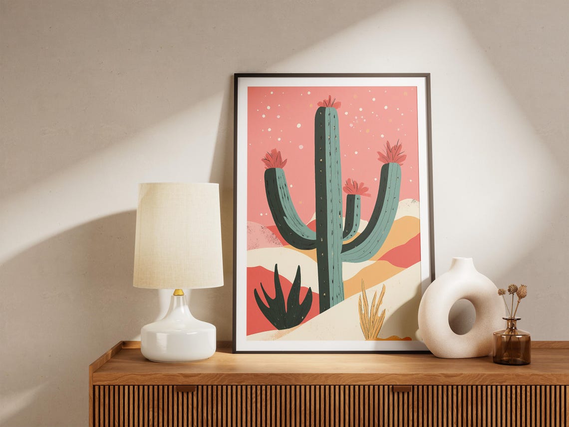 Pink Christmas Cactus Poster with Snowfall and Desert Landscape - Image 5