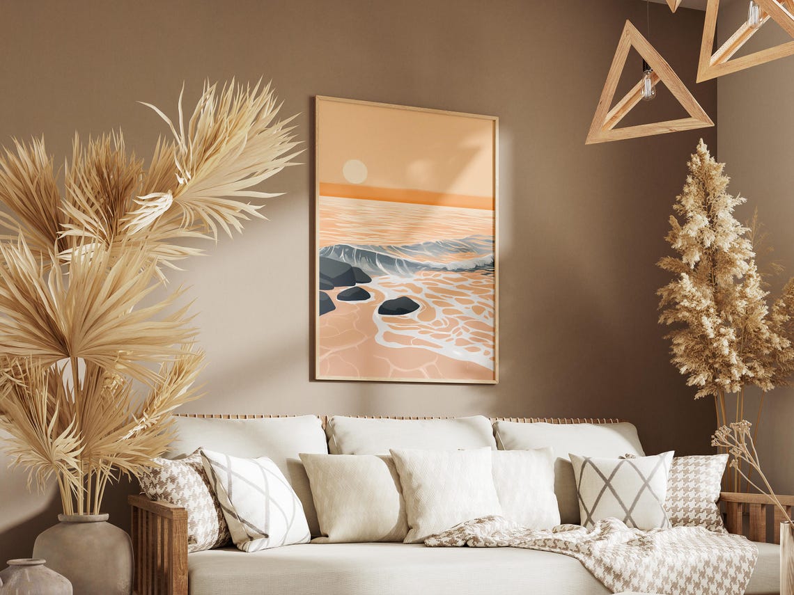 Beige Minimalist Sunset Ocean Rocks Abstract Coastal Art Poster - Image 3