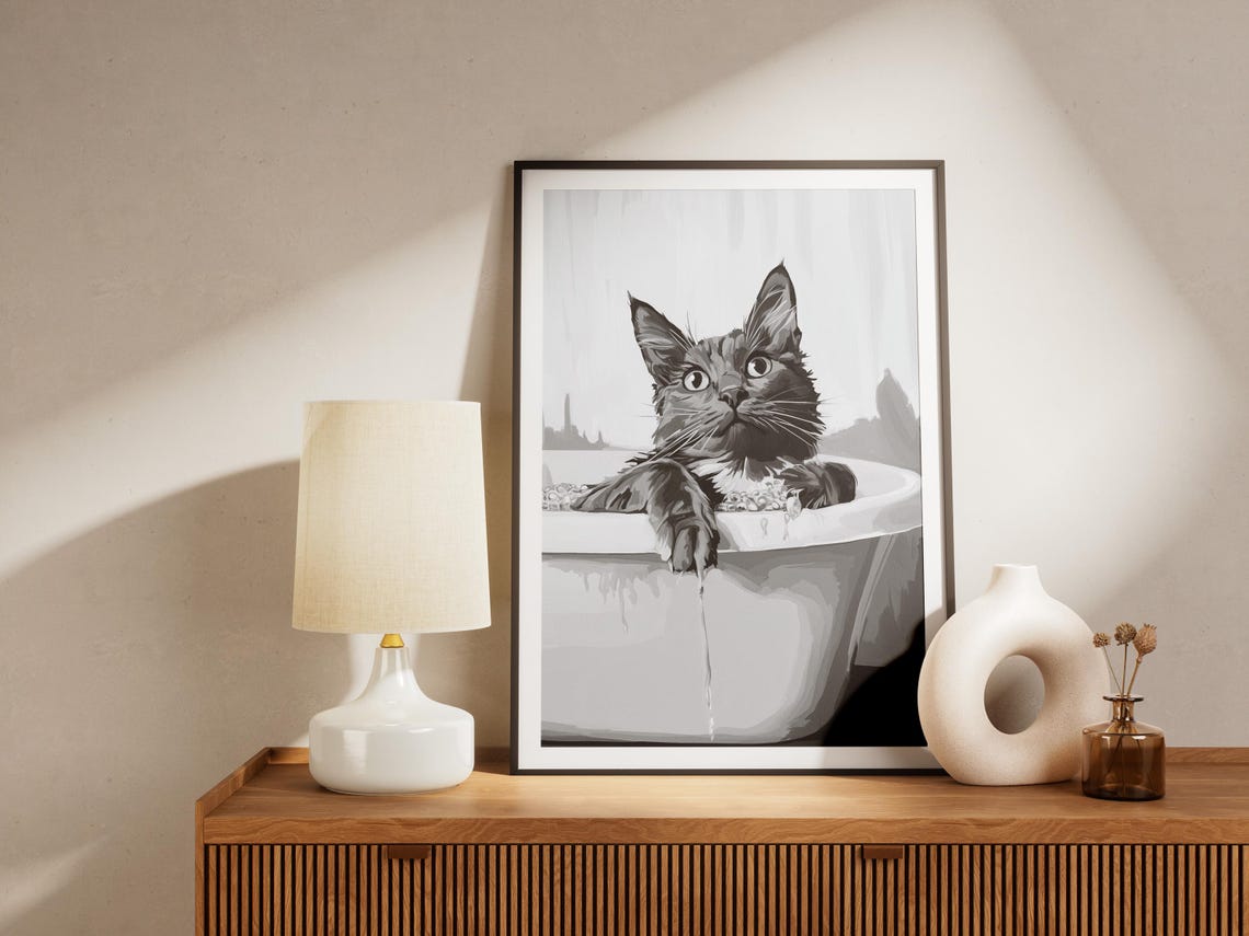 Black Cat in Bubble Bath Black and White Funny Kitten Decor Poster - Image 4