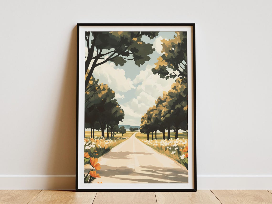 Tree Lined Country Road Through Wildflower Fields Landscape Poster
