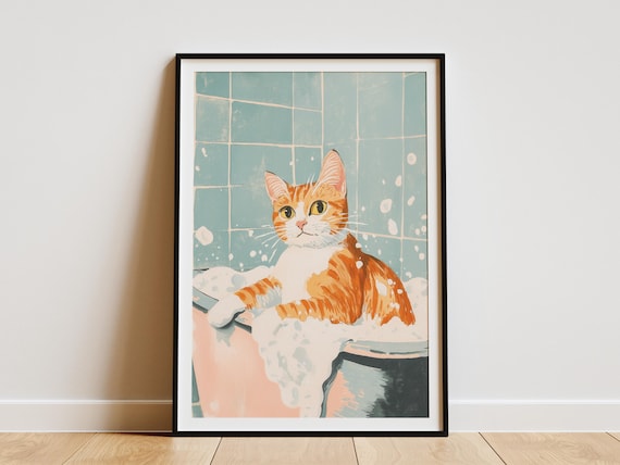 Orange Tabby Cat In Bubble Bath Poster Cute Pet Art For Bathroom Decor