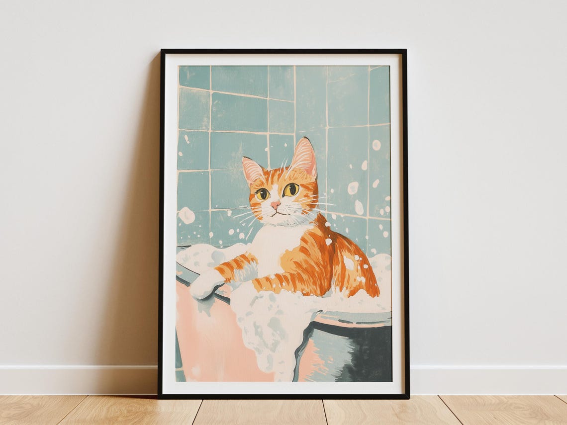 Orange Tabby Cat In Bubble Bath Poster Cute Pet Art For Bathroom Decor