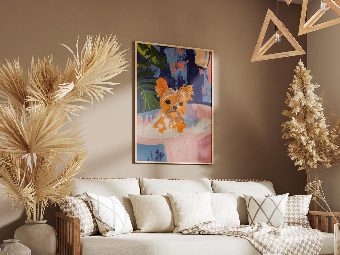 Yorkshire Terrier Splashing in Pink Bathtub Funny Dog Art Poster - Image 3