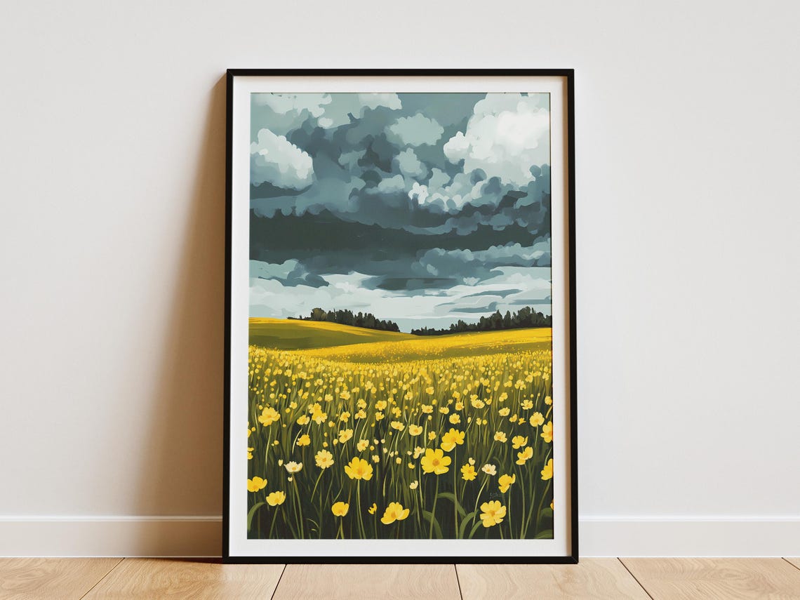 Buttercup Meadow Under Stormy Sky Dramatic Golden Landscape Poster
