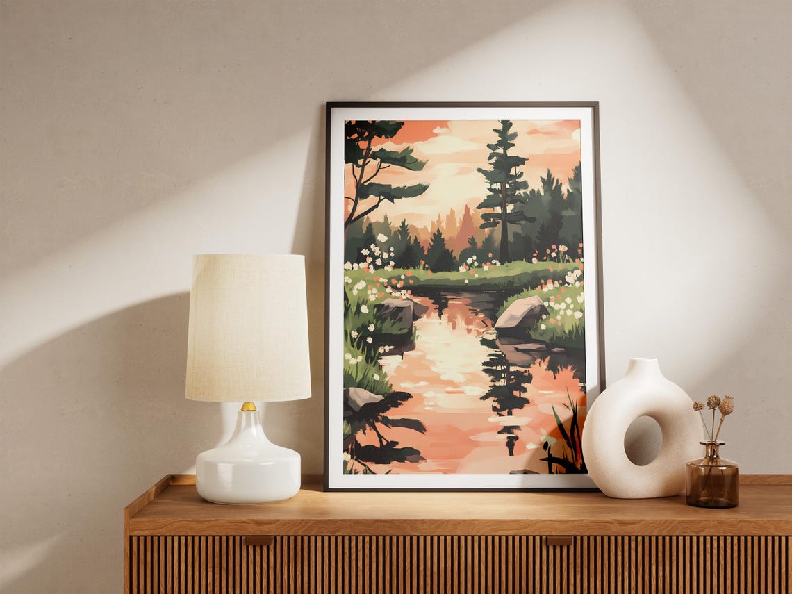 Sunset Pond Reflecting Pine Trees Lined With Wildflowers Poster - Image 5