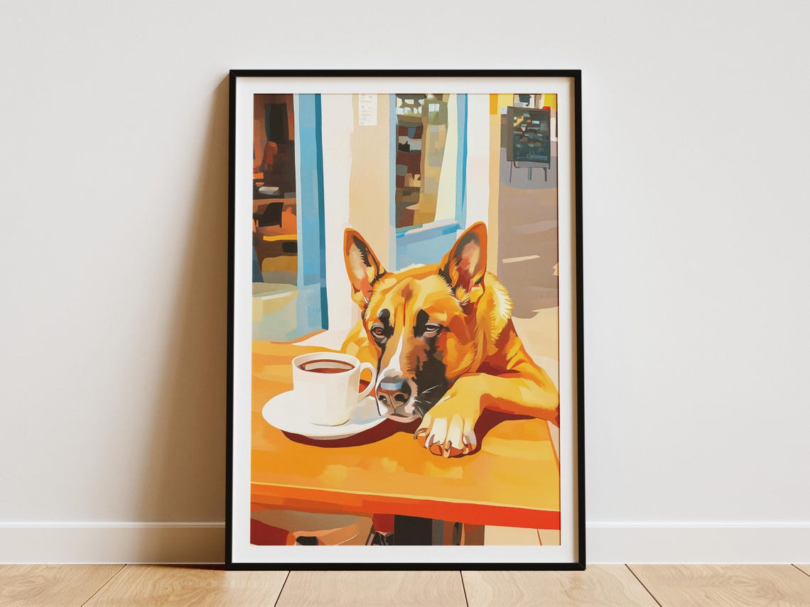 German Shepherd Napping at Cafe Table with Coffee Cup Poster