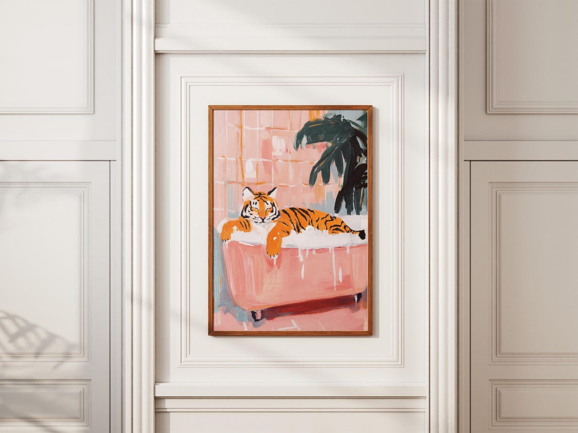Tiger Lounging in a Pink Bubble Bath Funny Animal Art Poster - Image 2