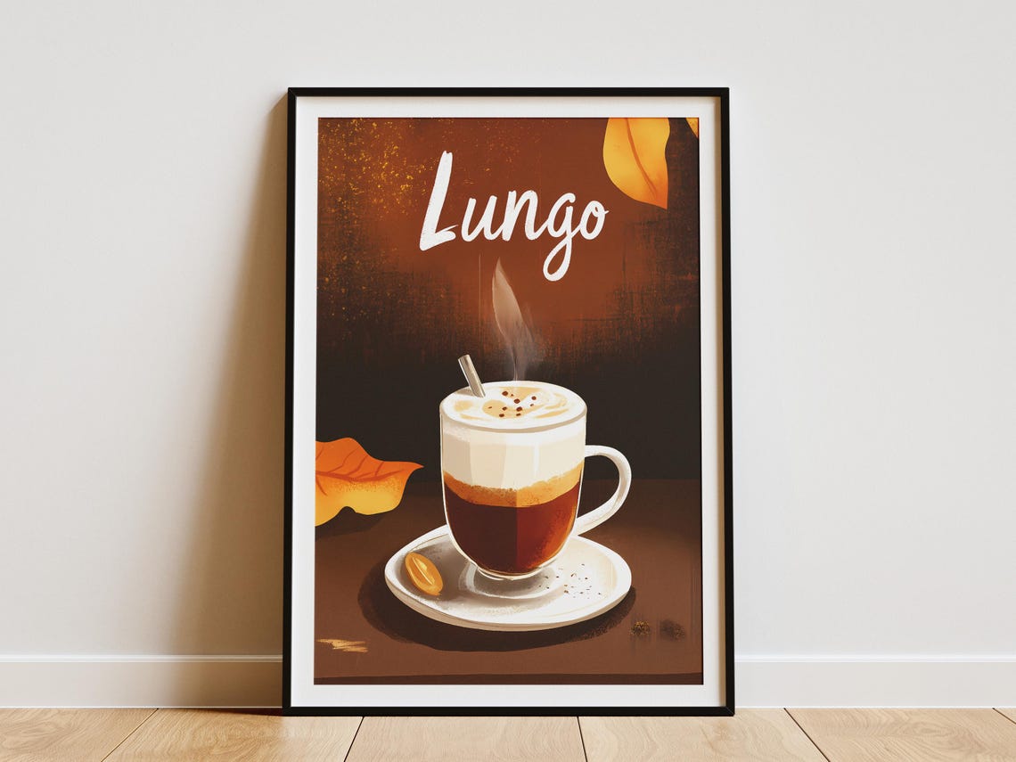 Lungo Coffee Steaming Cup Autumn Leaves Dark Cafe Art Poster
