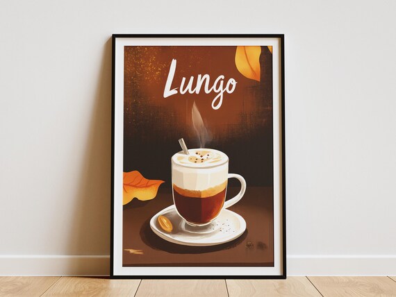 Lungo Coffee Steaming Cup Autumn Leaves Dark Cafe Art Poster