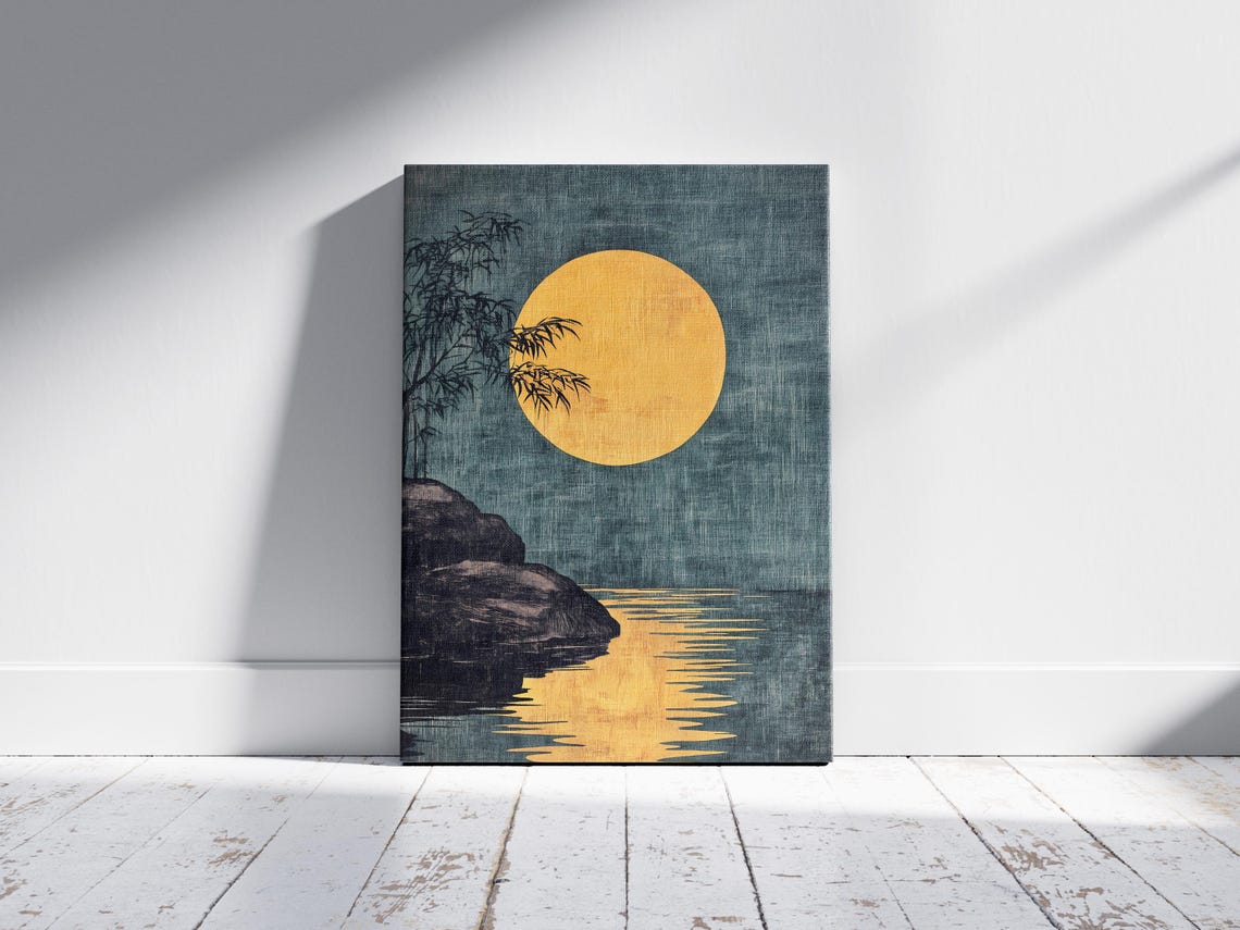 Golden Moon Over Still Water Bamboo Japanese Zen Art Night Poster - Image 2