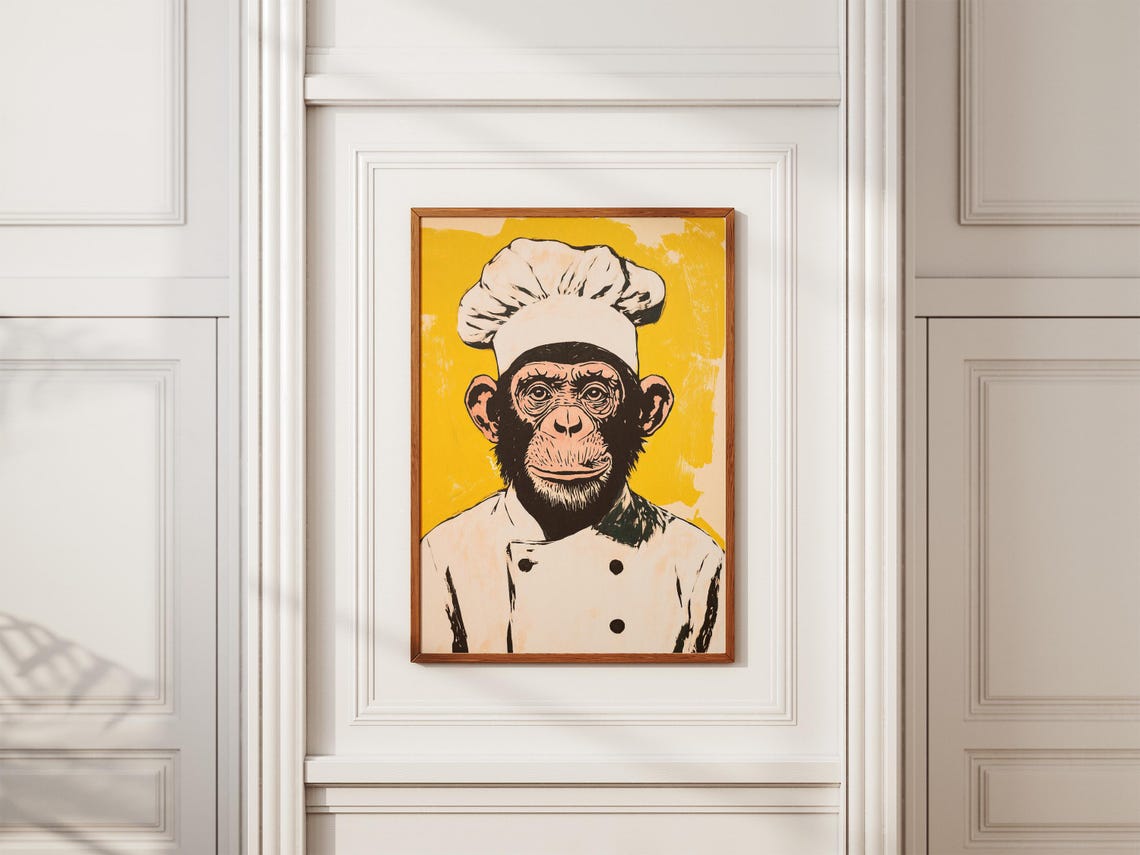 Chimpanzee Chef Art Print Funny Kitchen Decor Animal Poster Quirky Chimp Modern Monkey White Outfit - Image 2