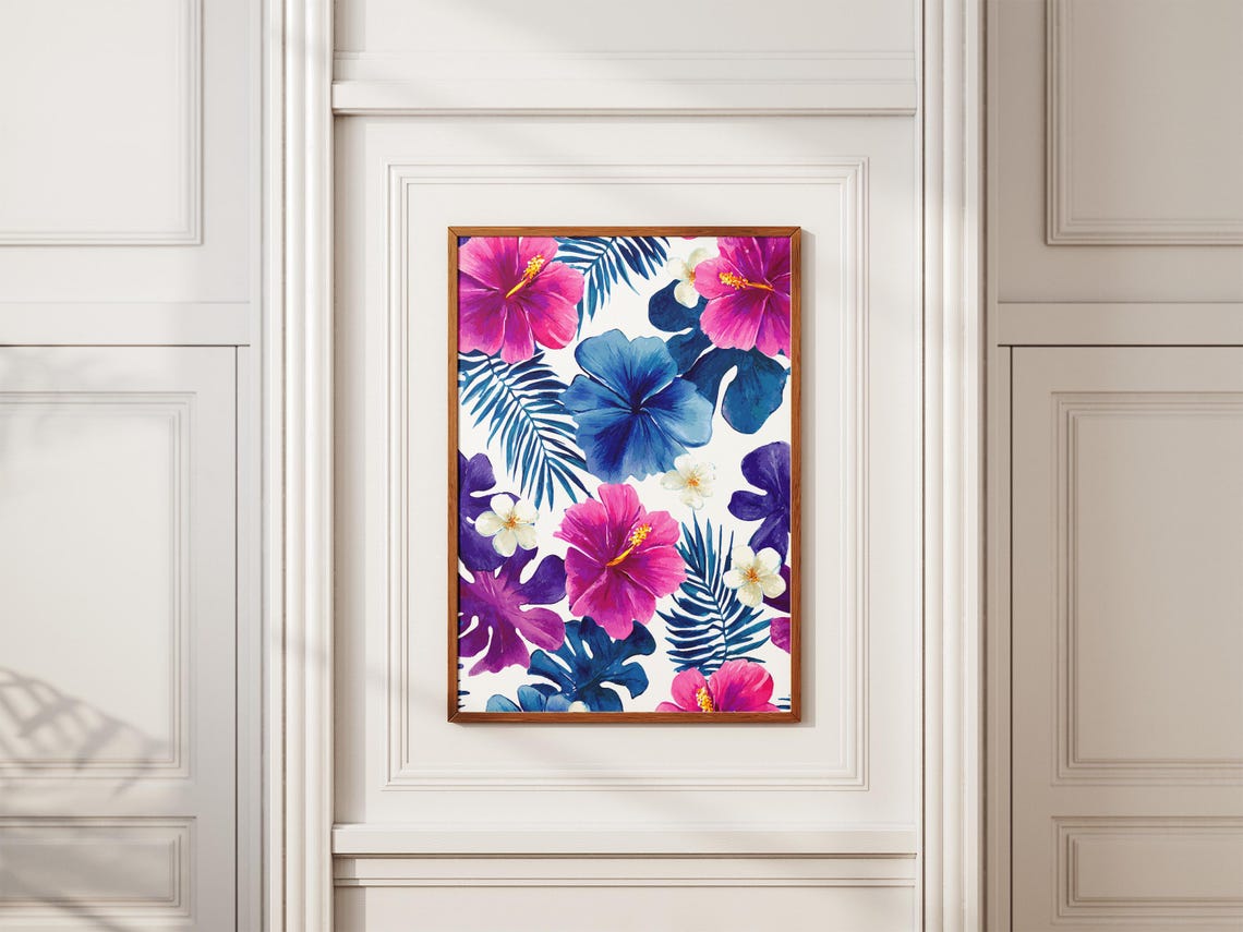 Tropical Hibiscus Flower Pattern Watercolor Pink Blue Art Poster - Image 2