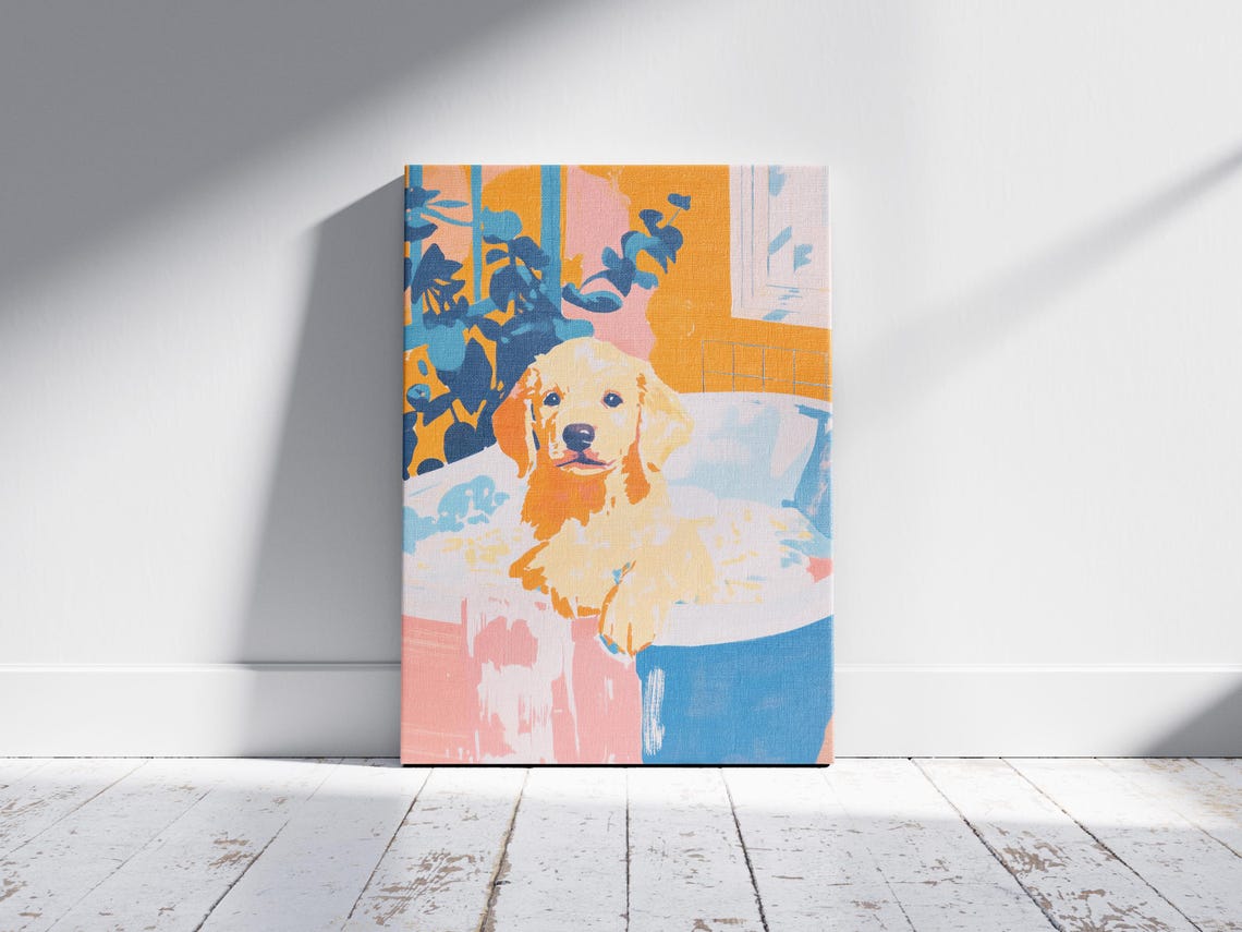 Golden Retriever Puppy Tropical Bubble Bath Colorful Art Poster - Image 2