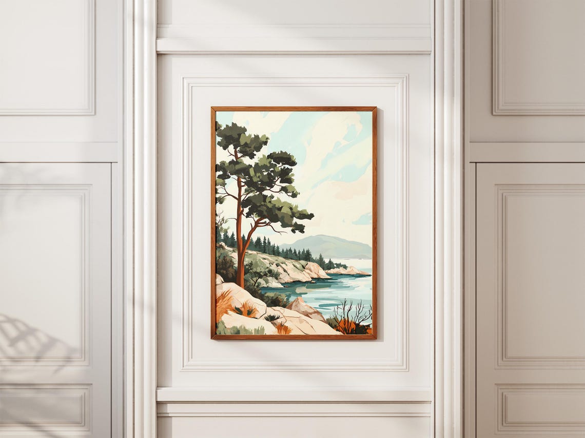 Tall Pine Tree Rocky Coast Calm Blue Water Mountain View Art Poster - Image 2