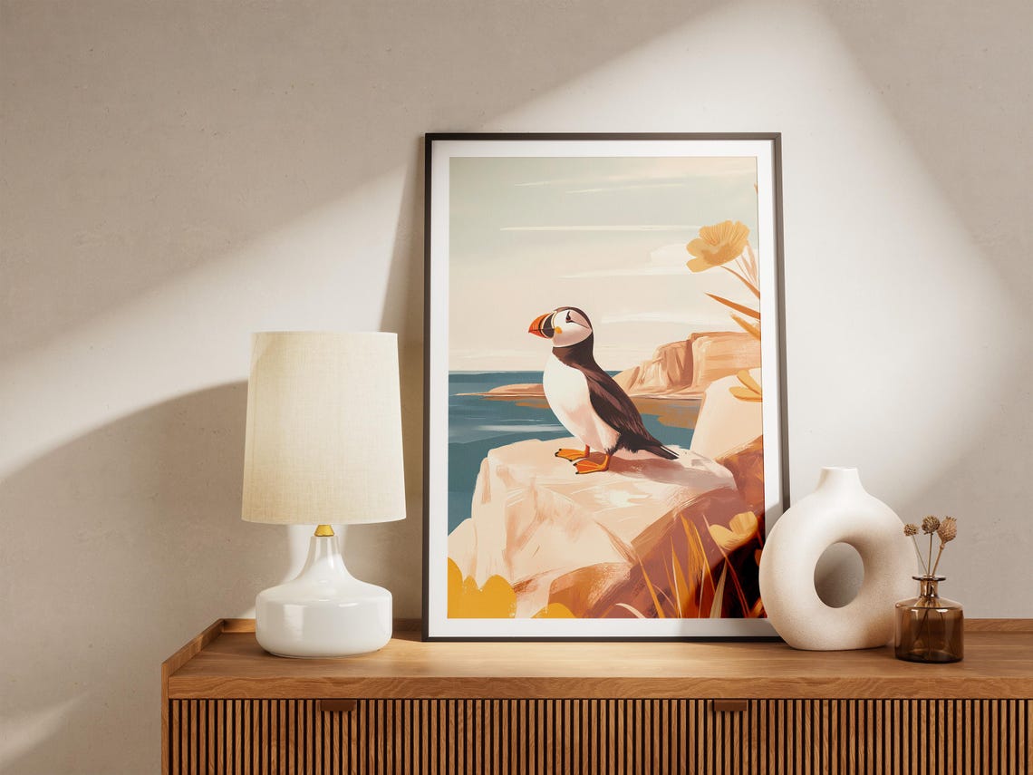 Puffin on White Cliffs with Orange Poppies Coastal Bird Poster - Image 5