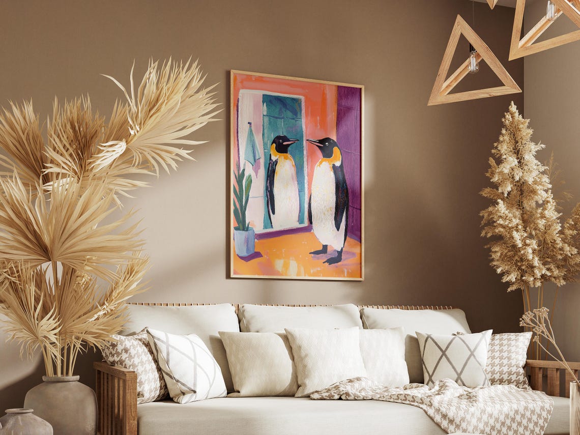 Penguin Admiring Mirror Colorful Bathroom Animal Humor Poster - Image 3