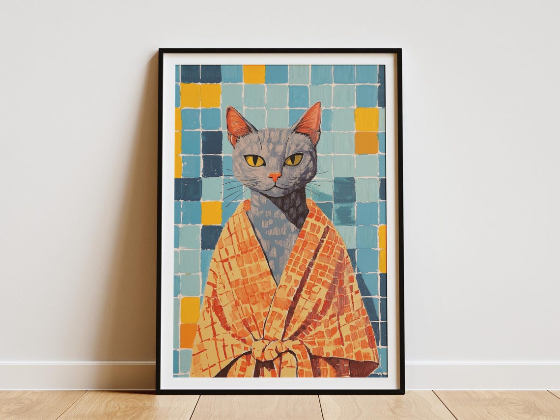 Burmese Cat Bathrobe Poster Bathroom Matisse Inspired Art Print Cute Wall Decor Funny Animal Lover Gift Home Artwork