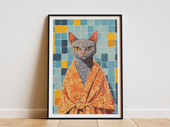 Gray Cat Orange Bathrobe Colorful Mosaic Tile Bathroom Poster