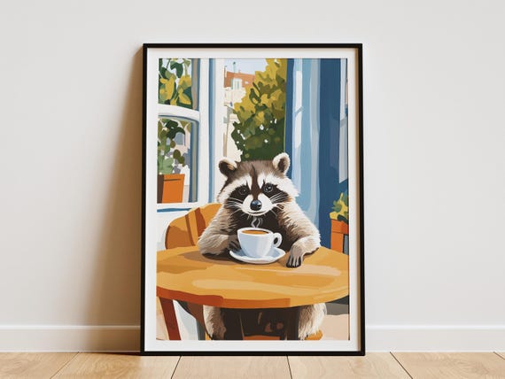 Raccoon Art Print Coffee Lover Gift Cafe Poster Whimsical Animal Wall Cozy Home Decor Drinking Funny Cute