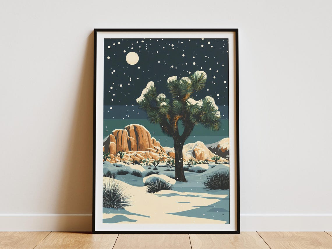 Snowy Joshua Tree National Park Under Moonlit Night Sky Poster