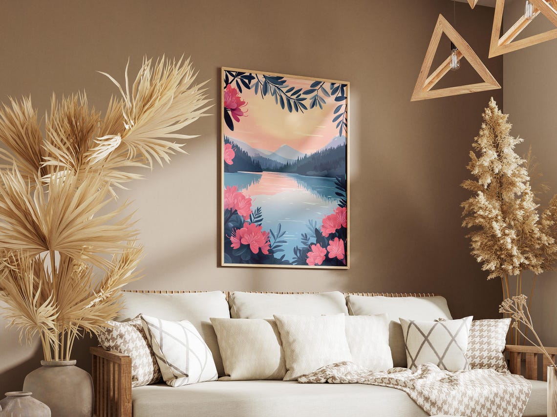 Pink Sunset Lake Rhododendron Blossom Border Romantic Poster - Image 3