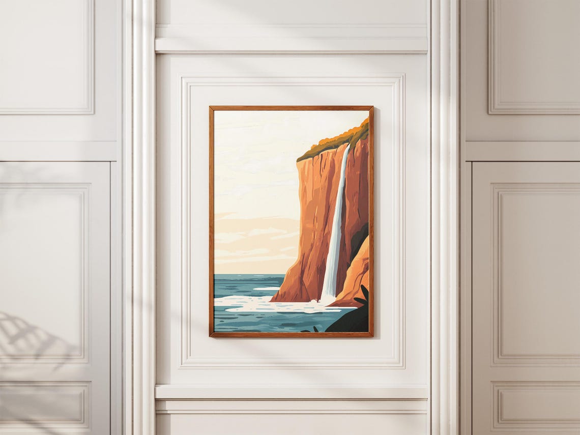 Ocean Cliff Waterfall Pouring Into Sea Coastal Landscape Poster - Image 2