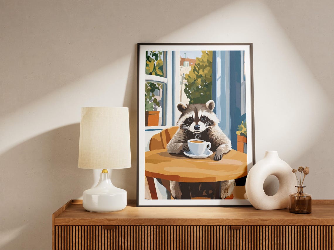 Raccoon Art Print Coffee Lover Gift Cafe Poster Whimsical Animal Wall Cozy Home Decor Drinking Funny Cute - Image 4