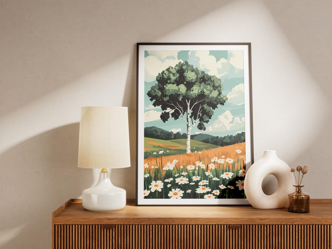 Green Birch Tree with Daisy Meadow Under a Cloudy Sky Poster - Image 5