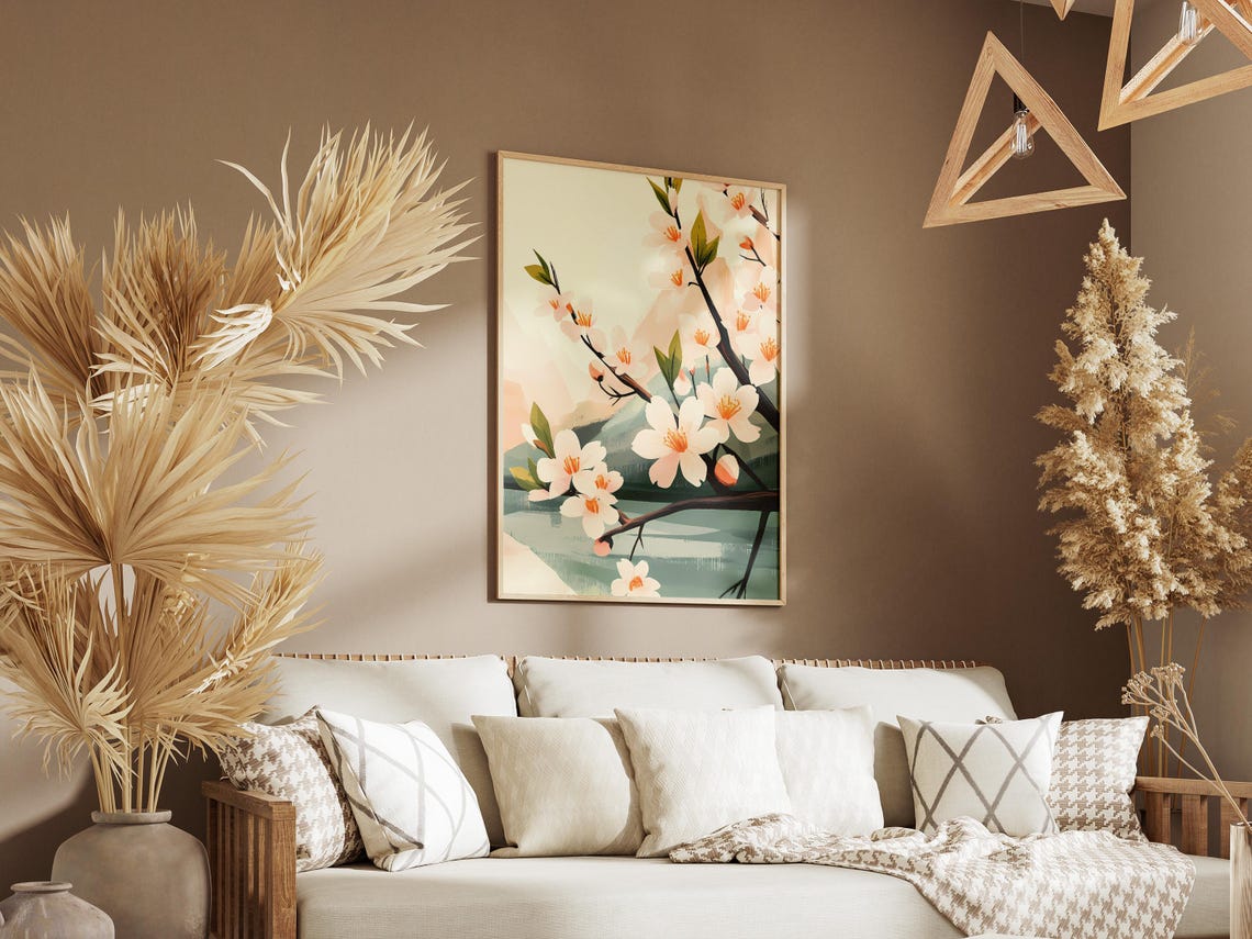 White Cherry Blossom Branch Green Leaves Soft Hills Spring Art Poster - Image 3